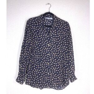David Brooks Vintage Navy Blue Floral Daisy Button Down Blouse Top Womens 10 USA
